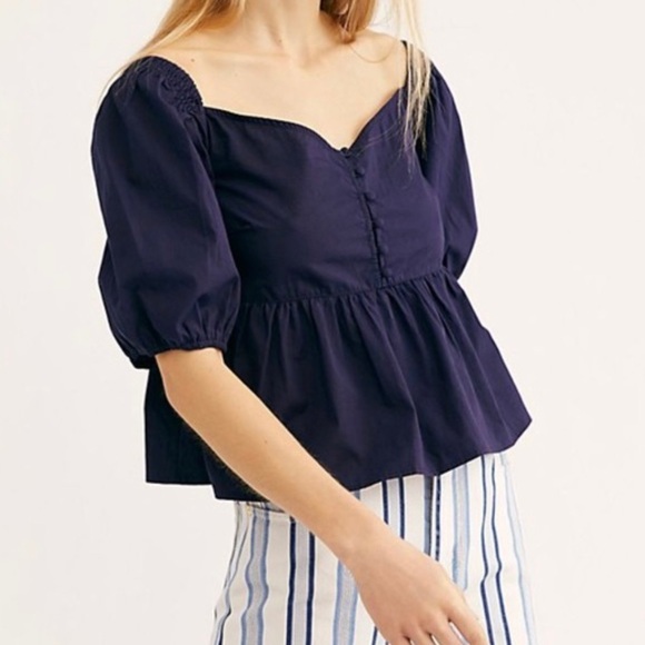 Free People Tops - Free People Navy Veronica V Neck Buttons Top 1/2 Puff Sleeves NWT Small Peplum